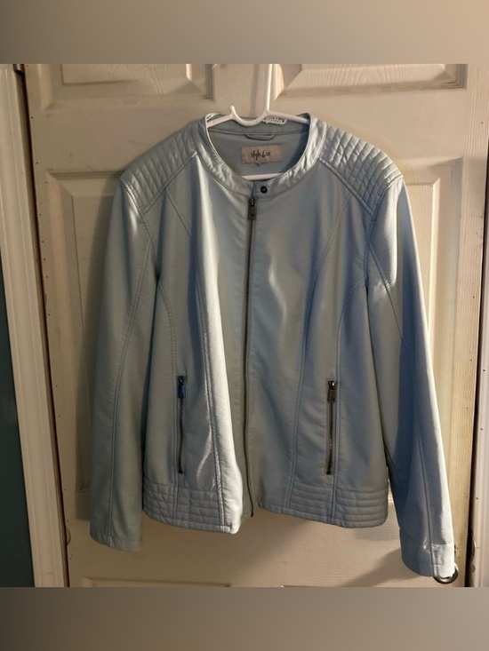 Style & Co. Jackets & Blazers - Style & Co. Pale Blue Faux Leather Moto Jacket Women’s Size L